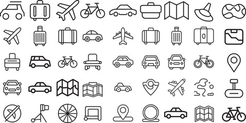 Comprehensive Travel Transportation Navigation Outline Line Icons Set