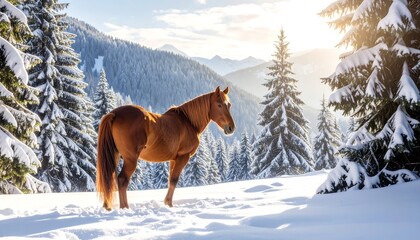 Chestnut Horse in Snowy Mountains.