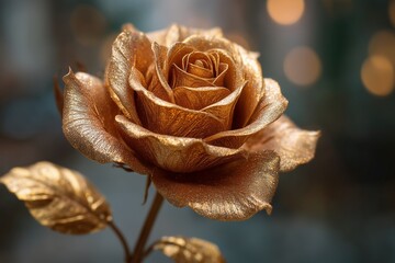 Shimmery gold rose on a dark blurred background, New Year celebration concept, luxurious and glamorous festive floral