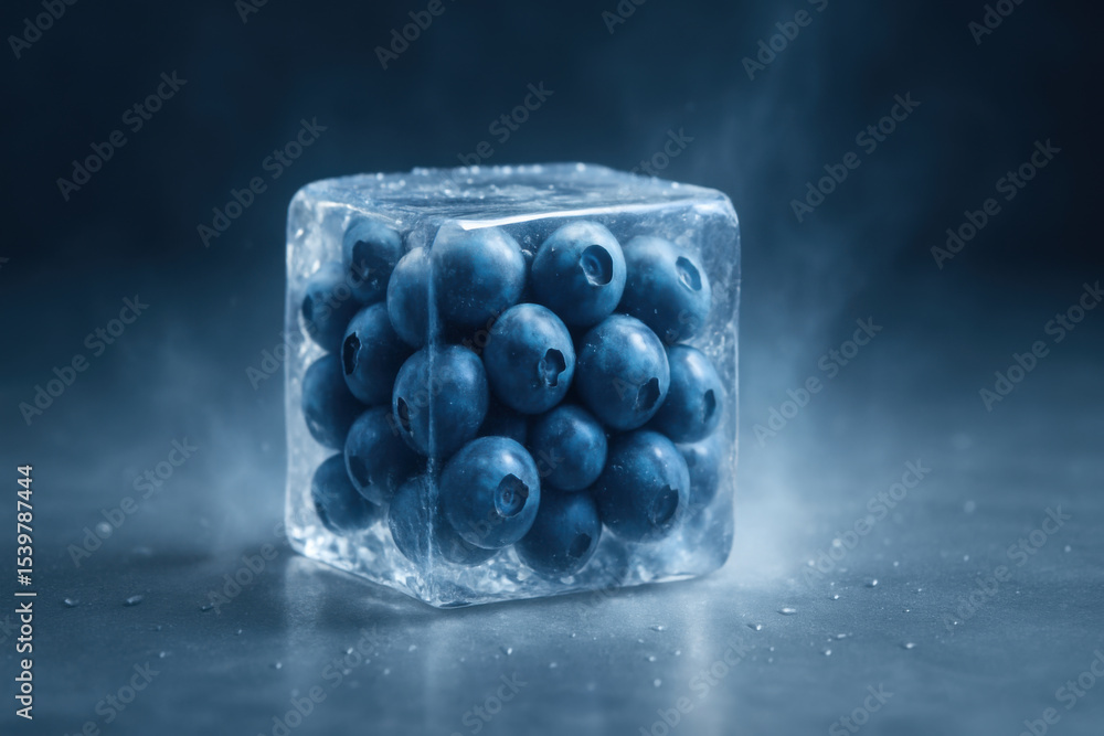 Poster frozen blueberries encapsulated in misty ice cube create striking visual contrast, showcasing vibran