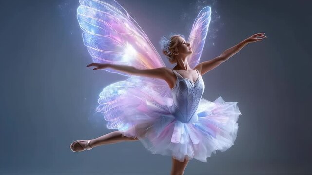 Elegant fairy dancer performing in a magical setting with glowing wings and graceful movements at dusk in an enchanting atmosphere