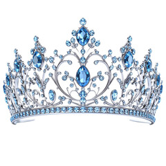 A sparkling silver tiara adorned with intricate blue gemstones and elegant decorative patterns