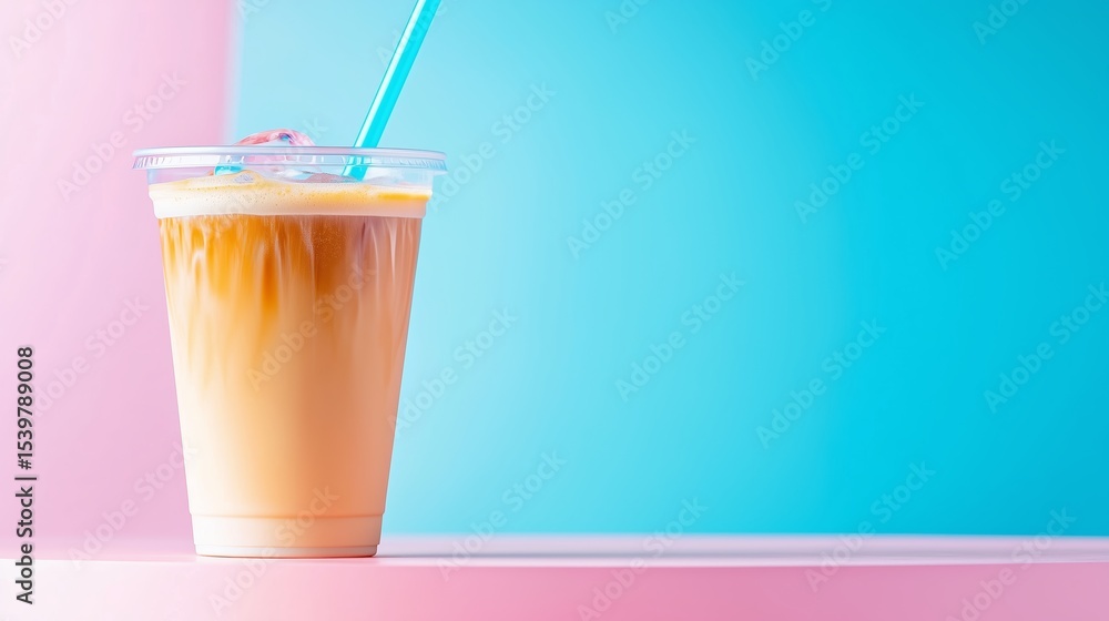 Poster refreshing iced coffee with a colorful backdrop in a vibrant cafe setting