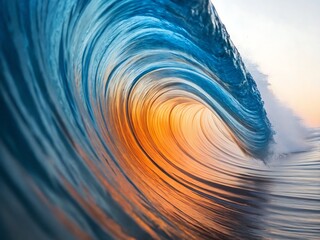 Colorful ocean wave in surreal swirl with sunset tones – Ola oceánica colorida en espiral surrealista con tonos de atardecer


