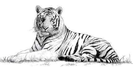 Obraz premium Majestic Tiger Contemplation: A finely detailed sketch of a powerful tiger, its intense gaze conveying both grace and raw animal power, rests regally.