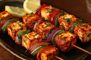 Vibrant platter of grilled paneer tikka skewers with roasted vegetables and citrus wedges, captured in cozy, appetizing food styling composition