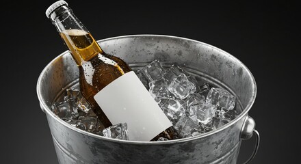 Beer Bottle Mockup Nestled in Crushed Ice Inside a Metal Bucket for Summer or Party Themes