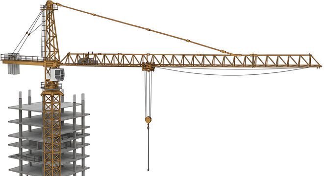 Tower Crane Construction Site:  3D Render of High-Rise Building Under Construction