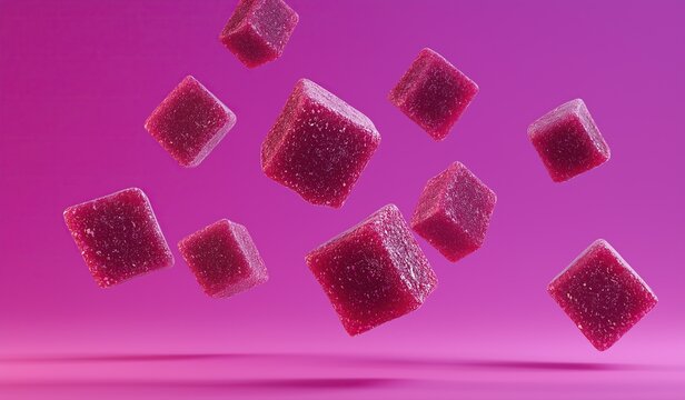 Falling dark red gummy cubes isolated on a soft pink background, minimalist food photography for candy or dessert advertising