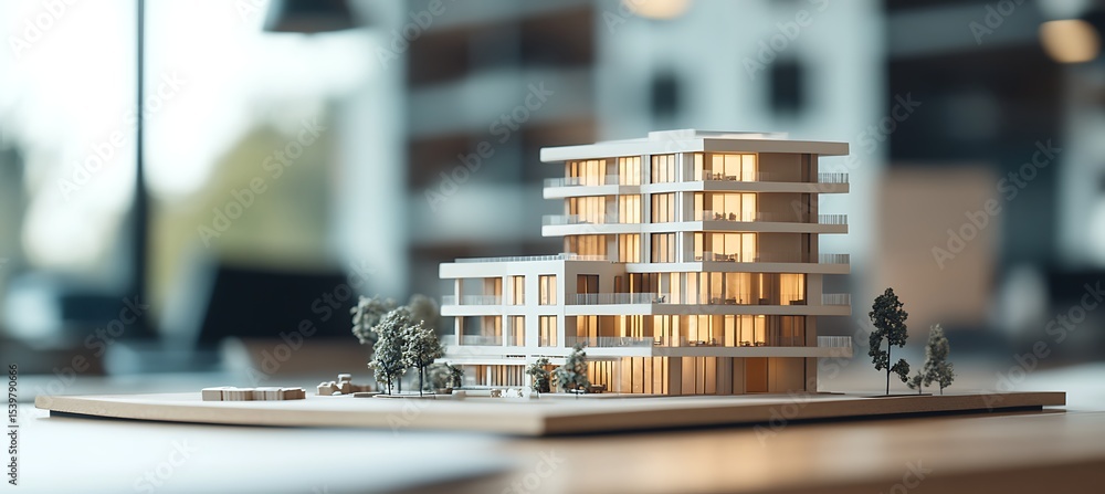 Poster miniature hotel architecture model on tabletop with office elements in background and empty room for