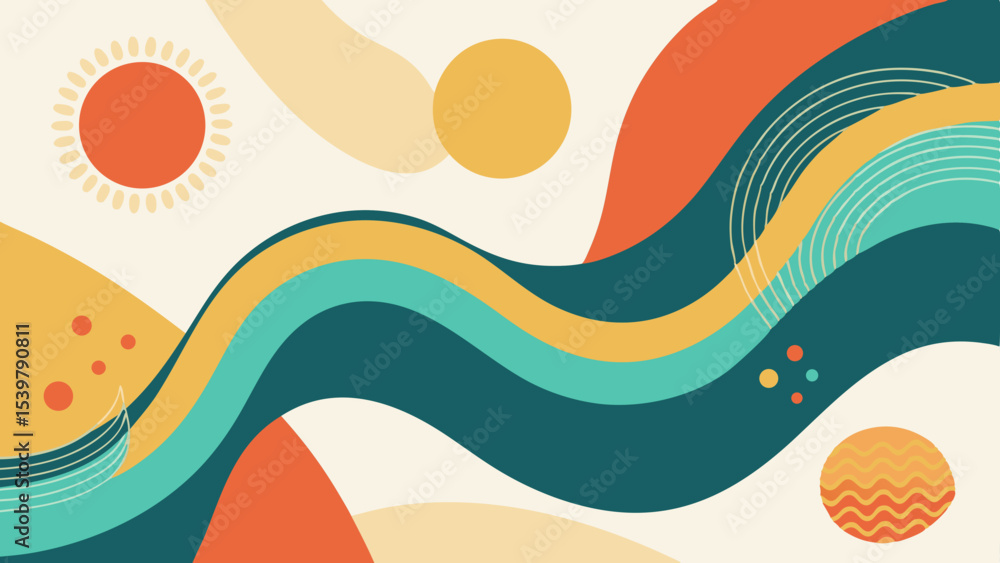 Poster abstract background with wavy lines circles and sun in a retro color palette creating a vibrant desi