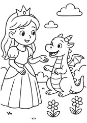 Coloring book princess with a crown greets an adorable baby dragon in a flowery field