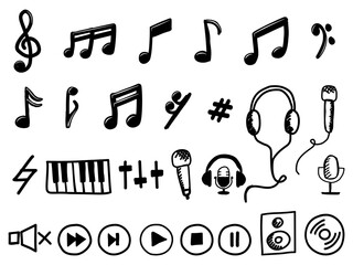 Music notes symbols and element music hand drawn collection. Symbols include treble clef, rests, and more. Perfect for music education and design. Music elements.