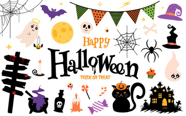 Happy Halloween graphic elements set pumpkins, ghosts, zombie, owl, cat, candy and others. Hand drawn set. Vector illustration.