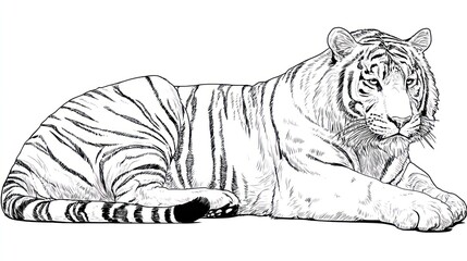Naklejka premium Majestic White Tiger Sketch: A detailed sketch of a majestic white tiger, resting gracefully, showcasing its powerful physique and captivating gaze.
