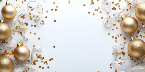 Fototapeta premium Golden Christmas ornaments, ribbons, and confetti are arranged on a white background, creating a festive border with a blank central space.