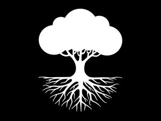 Tree of life is visually represented in this stark black and white silhouette logo and intricate root system mirroring its branches, symbolizing connect.