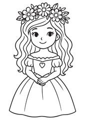 Coloring book sweet princess with a floral crown and heart detail on her dress, smiling gently,