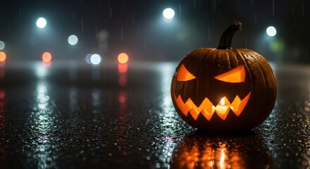 Jack-o'-lantern on a Rainy Night