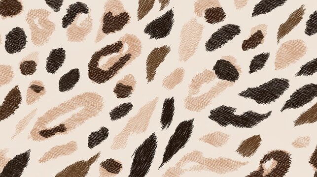 Seamless digital leopard print pattern with brown and beige tones, delicate brush strokes adding depth to each spot, earthy color palette of beige, brown, and black for versatile design applications