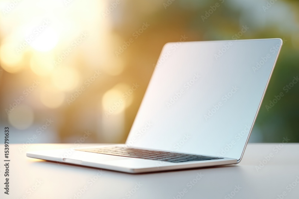 Poster minimalistic shot captures open laptop on clean desk in study room with ample copy space