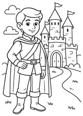 Coloring book handsome prince in his regal attire stands proudly before a grand castle