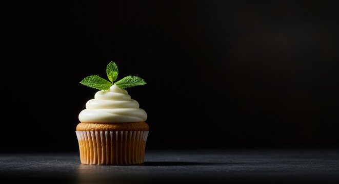 Elegant Vanilla Cupcake with Mint Garnish on Dark Background - Powered by Adobe