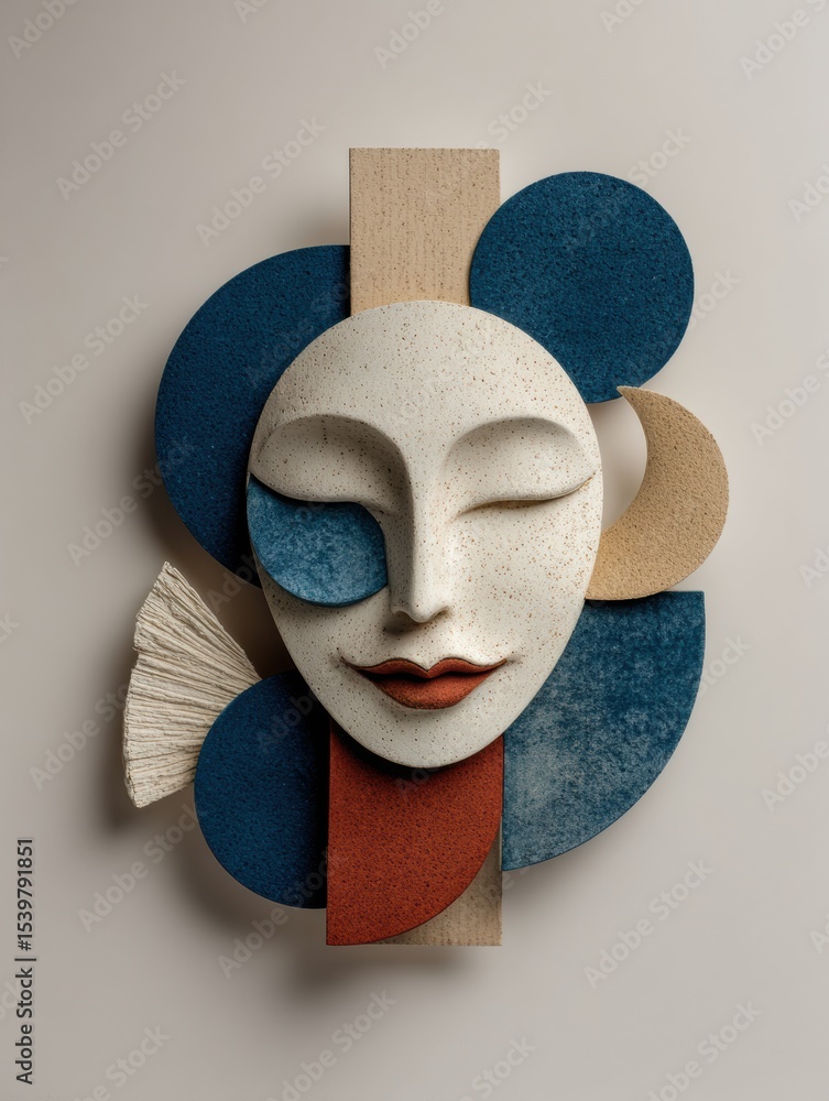 Poster Smiling Clay Face Surrounded by Colorful Abstract Shapes in Minimal Space