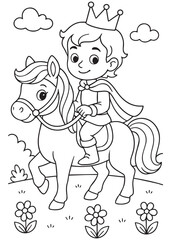 Coloring book young prince in a crown rides his trusty horse through a flowery field 