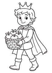 Coloring book young prince in a crown and cape carries a basket full of fresh apples