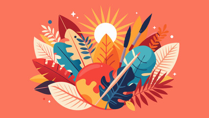 Illustration of art supplies with a palette and brushes surrounded by colorful leaves and a shining sun