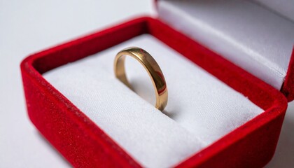 Golden ring placed on a satin miniature pillow in a red soft open box
