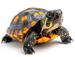 Obraz premium Slow tortoise with a patterned shell isolated on a white background, perfect for nature and wildlife themes
