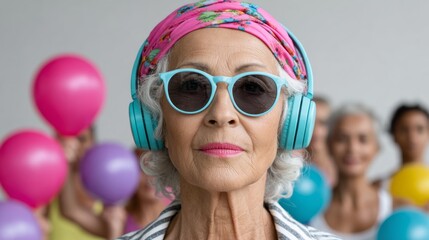 Woman wearing sunglasses and headphones is surrounded by balloons. The balloons are in various colors, including pink, purple, and yellow. The woman is enjoying herself
