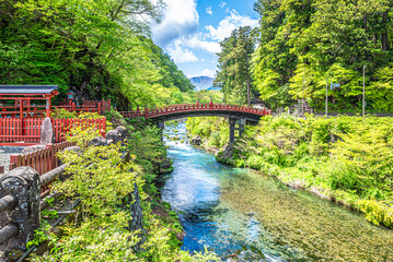 View at the Sacred Shinkyo bridge over Daiya river in Nikko, Japan