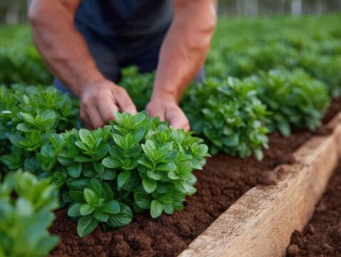 Individual tending to lush green herb plants in a soil bed depicting sustainable gardening techniques and cultivating fresh ingredients for culinary creations in a vibrant outdoor environment