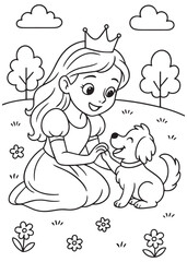 Coloring book princess with a crown lovingly pets an adorable dog in a grassy field © agus