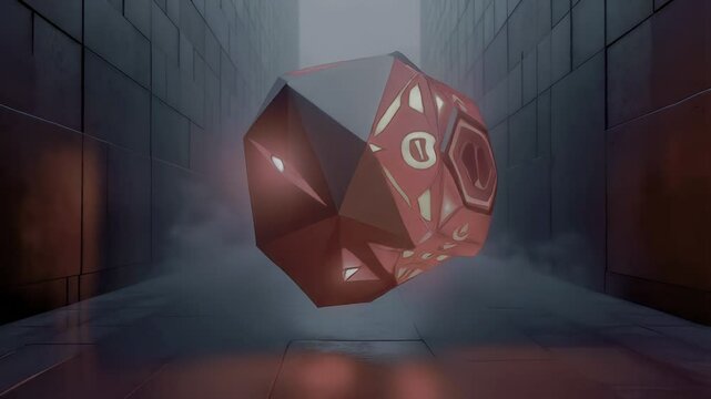 A glowing, faceted red crystal floats in a dark, geometrically patterned room, illuminated by subtle, directional lighting