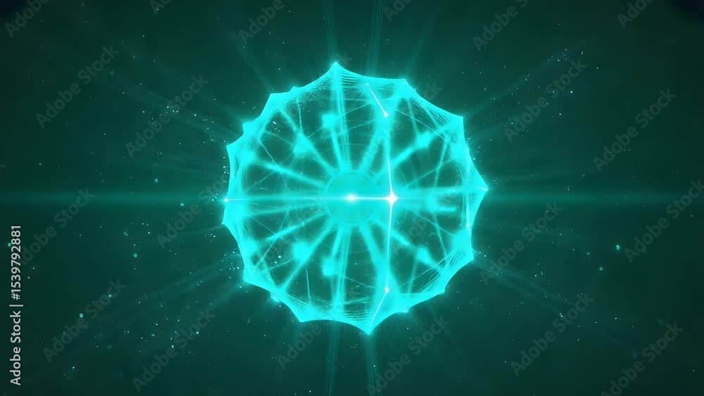Poster glowing cyan network with radial lines against a dark background with scattered light particles