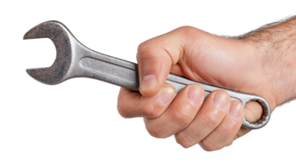 A hand holding a wrench with a silver handle