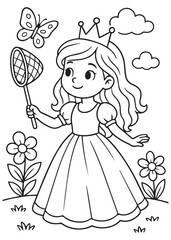 Coloring book princess in a crown holds a butterfly net, ready to catch a whimsical butterfly in a field of flowers