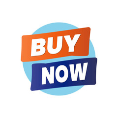 Bright Buy Now Label on Dynamic Geometric Shapes and Ribbon Elements on White. Blue and Orange Editable Banner. E-Commerce