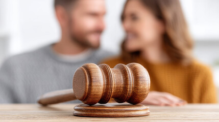 Wooden gavel on table with blurred couple in background symbolizing divorce legal separation concept and emotional resolution in family law process