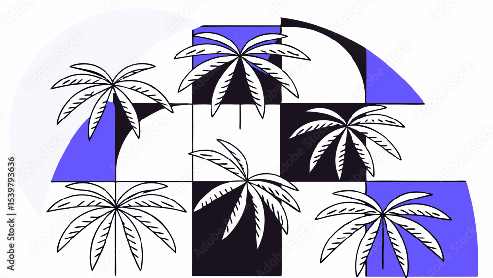 Poster palm tree pattern with geometric shapes and contrasting colors in a modern design style