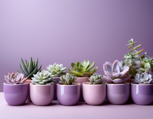 Close-up of many succulents plants in lilac ceramic pots on lilac background with copy space. Generated image