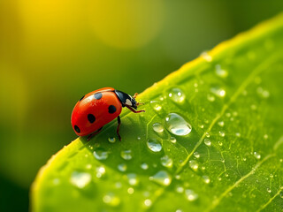 Fototapeta premium Macro Photo of Ladybug on Dew-Covered Leaf in Natural Morning Light