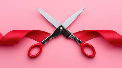 Red scissors cutting red ribbon on pink background symbolizing legal separation and divorce concept with sharp blades crossing for new beginning and change
