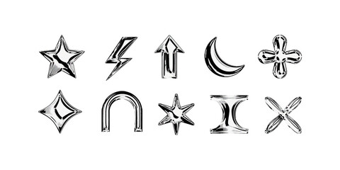 Trendy chrome Y2K PNG shapes for design.