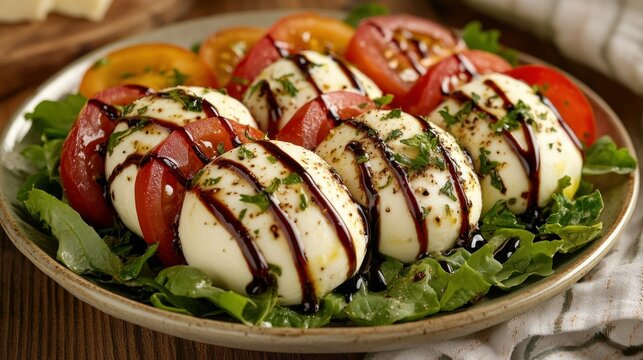 Caprese salad on plate; tomatoes, mozzarella, balsamic