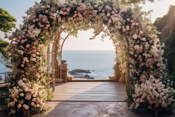 Dreamy wedding location with flower arch and ocean view, perfect for romantic and luxury events